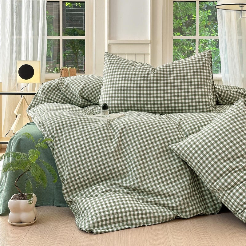 LifeTB Green Gingham Comforter Set Full Size Boho Plaid Checkered Pattern Comforter Geometric Grid Plaid Printed Bedding Comforter Set with 2 Pillowcases Fluffy Soft Gingham Bedding Set Full Size - Image 2